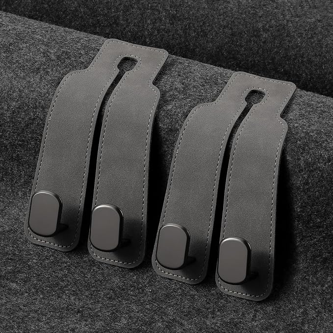 KINIVA Car Seat Headrest Storage Hooks, Set of 2, Suede PU Leather, Double Hooks (Grey)