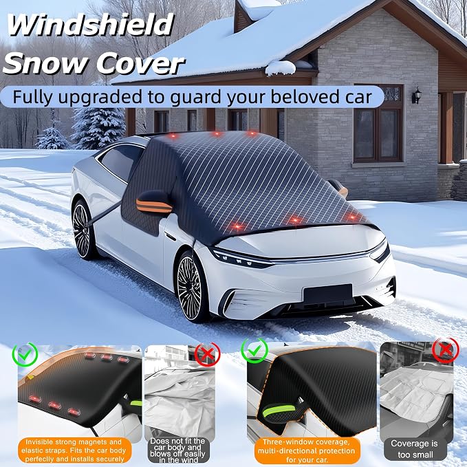 Windshield Snow Cover,Oxford Fabric Winter Frost Cover with Side Window and Rearview Mirror Protector, Extra Large Magnetic Frost Guard Windshield Cover for Most Cars,SUV,Sedan,Truck (Orange)