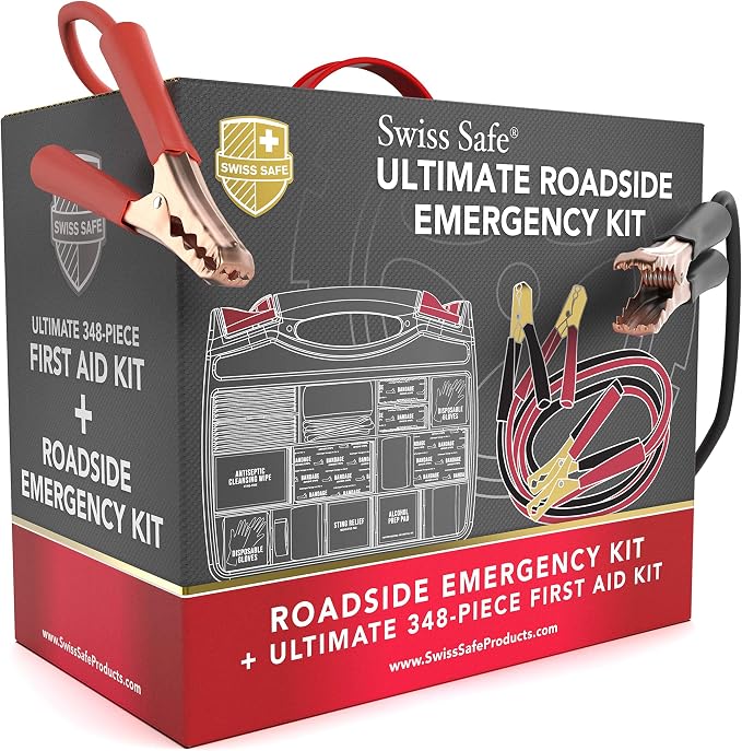 2-in-1 Car Emergency Kit | 12-FT Heavy-Duty Jumper Cables & 378-Piece Comprehensive Car First Aid Kit | Compact Roadside Auto Essentials for Vehicle Safety