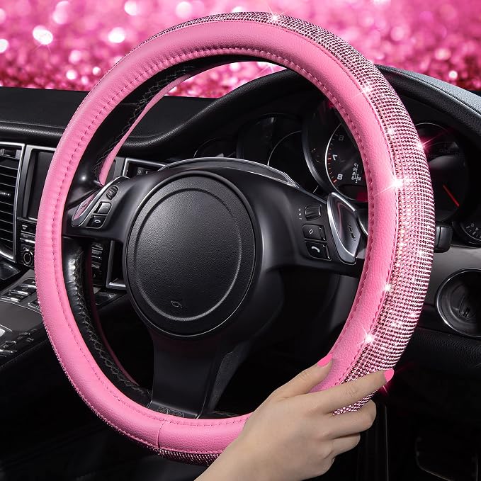 11 PCS Bling Car Accessories Set for Women, Sparkly Rhinestone Diamond Steering Wheel Cover, Bling Seat Belt Cushion, Shift Knob Cover, Push Start Button Ring, Car Cup Holder Coaster, Pink