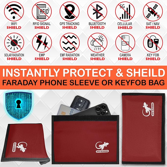 Faraday Bag, Anti-Tracking GPS RFID Car Key Signal Blocker Wallet Shielding Pouch Protective Case for Cell Phone Car Key FOB, Data Privacy, Electronic Device Security (RED - NYLON)