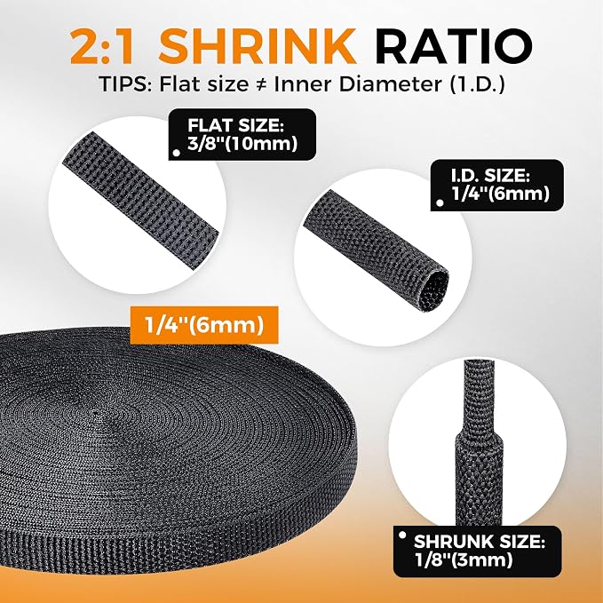 Black 2:1 Ratio Automotive Heat Shrink Braided Sleeving,Wear-Resistant Flat Woven Shrinkable Sleeve Fabric Car Cable Wires Hoses Protection (1/4"-26ft)