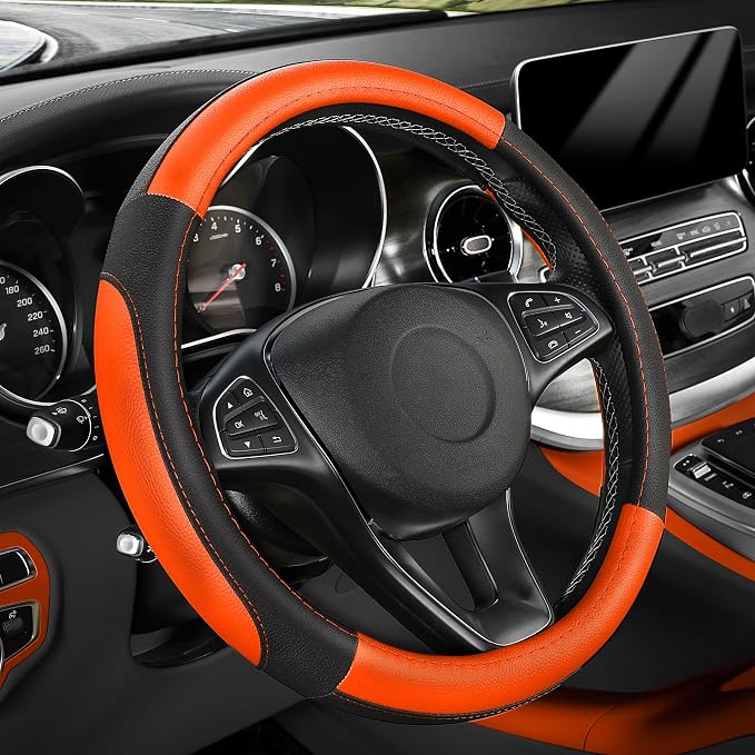 Steering Wheel Cover for Car, Standard Size 14.5-15 inch, Auto Interior Accessories, Black and Orange