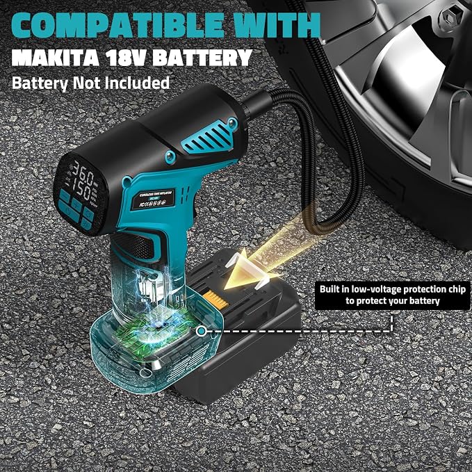 150PSI Tire Inflator Portable Air Compressor: Cordless Air Pump Compatible with Makita 18V Battery - Car Tire Pump with Digital Pressure Gauge & LED Light for Auto, Motorcycles (Tool Only)