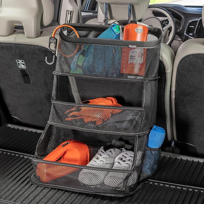 Car Storage Organizer – 3-Bin Hanging Organizer for SUV Trunk or Car Seat | Multipurpose Car Organizer Holds Driving Essentials, Kids Trip Needs or Emergency and Cleaning Supplies