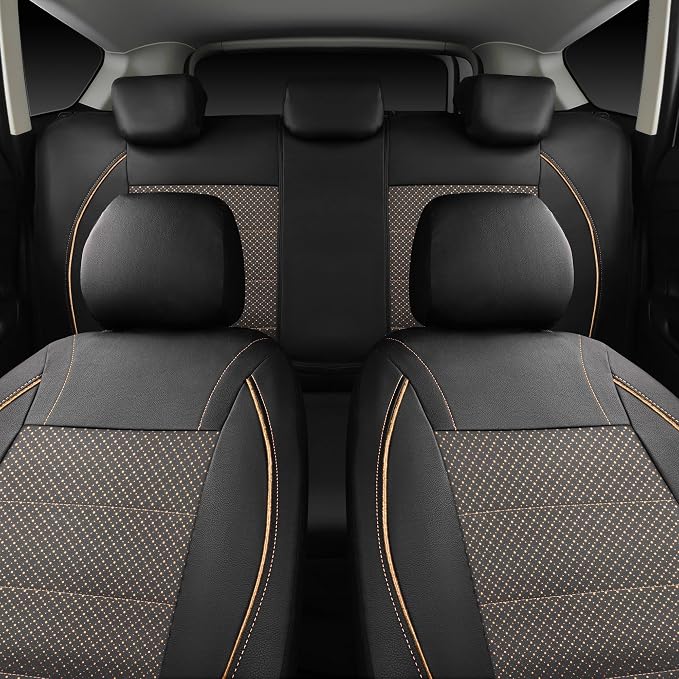 Piping PU Leather Car Seat Cover Full Set,Inside Zipper Design and Reserved Opening Holes,Airbag Compatible,Universal FIT for Car, SUVs,Van,Small Trucks（Full Set, Black & Gold）