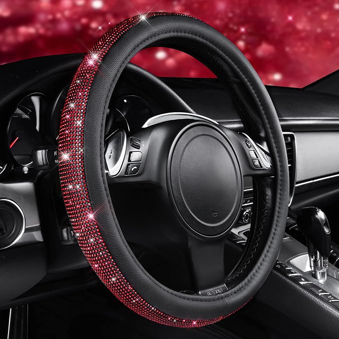 Red Diamond Black Leather Steering Wheel Cover, with Bling Crystal Rhinestones Universal Fit 14" 1/2-15" Crystal Glitter for Women Sparkle Girl Fit Suvs,Vans,Sedans,Cars,Trucks, Red Diamond