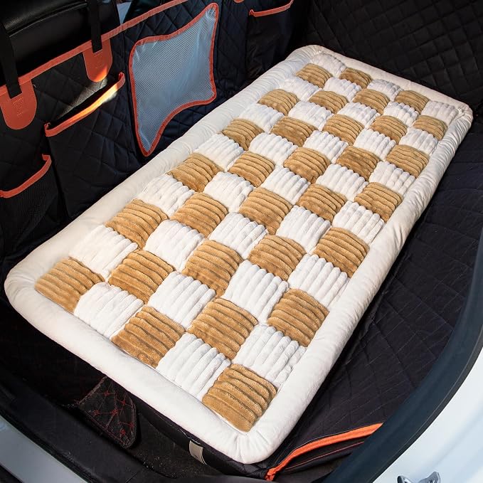 Dog Bed for Car Back Seat Soft Plush Backseat Pet Bed Mat Non-Slip Travel Pet Mat, Fuzzy Plaid Dog Seat Cover, Fit for Backseat Extenders and Trucks SUVs (Brown and White, 54" x 24.8")