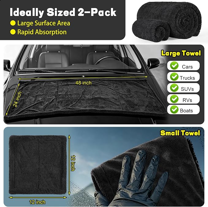 2 Pack Car Drying Towel, 1200GSM Microfiber Towels for Cars | 24 x 48 Inch & 12 x 12 Inch Super Absorbent Detailing Towels Dual Sided Streak-Free Twisted Loop for Auto SUV Truck Boat Home