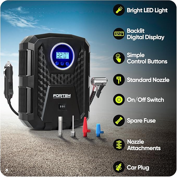 Tire Inflator Portable Air Compressor, Air Pump for Car Tires and Bikes, Car Tire Pump w/Auto Shut Off, 150 PSI, 12V DC, LED Light, Carrying Case, Perfect For Men, Women