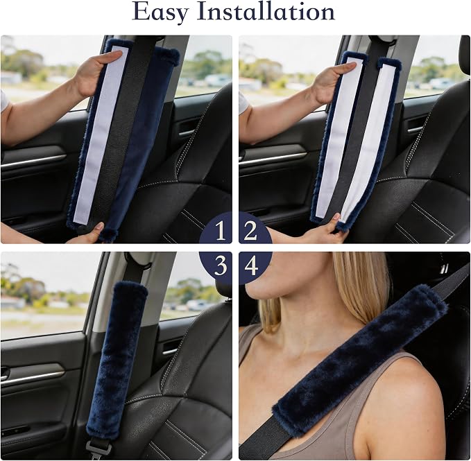 Soft Faux Fur Universal Fit Seatbelt Cover Car Truck SUV Airplane Seat Belt Shoulder Pad for Carmera Backpack Straps Neck Cushion Protector 2 Pack 10.5in Dark Blue