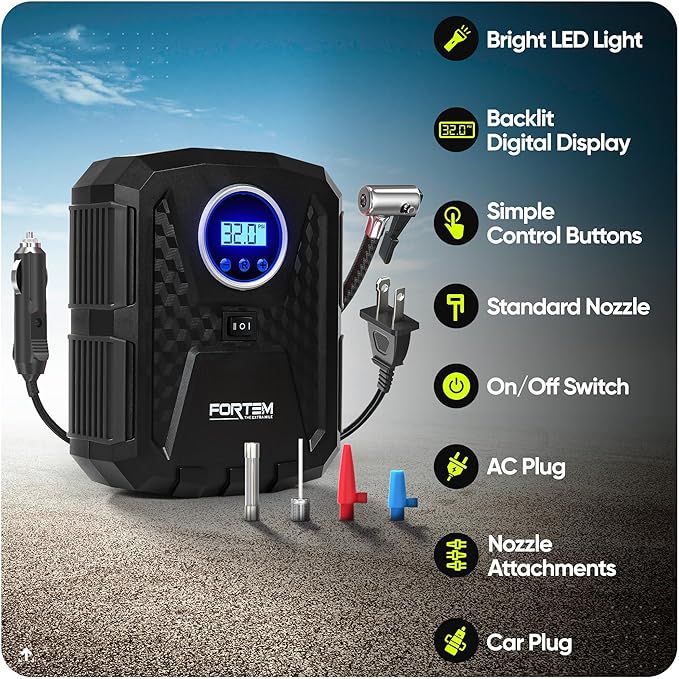 Tire Inflator Portable Air Compressor, Air Pump for Car Tires and Bikes, Car Tire Pump w/Auto Shut Off, 150 PSI, 110V AC 12V DC, LED Light, Carrying Case, Perfect For Men, Women