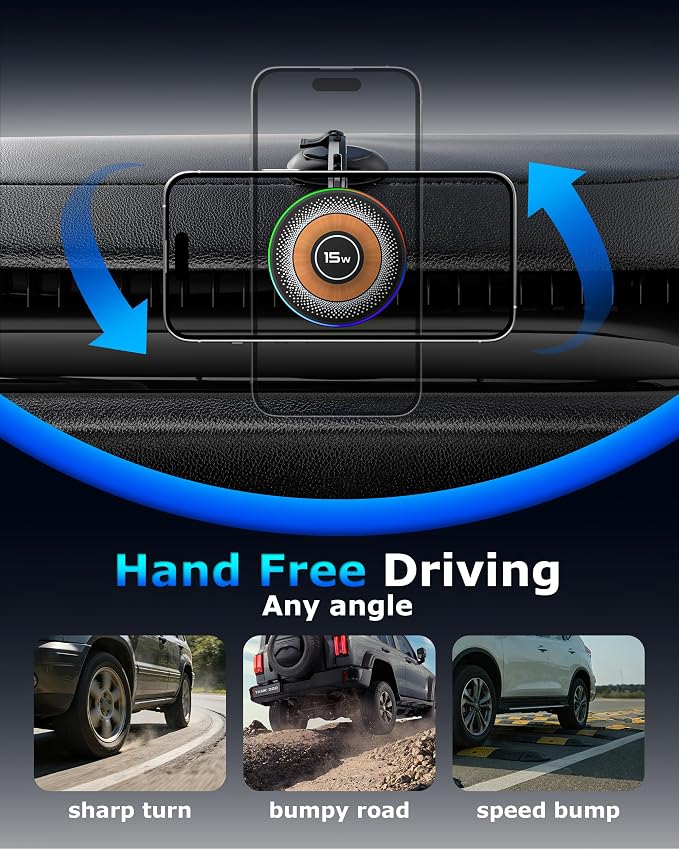 Magnetic Wireless Charging Car Phone Holder with 15W Fast Charging & Strong Vacuum Suction, 360° Rotatable Dashboard & Windshield Mount for Magsafe iPhone 17/16/15/14/13 Android Galaxy S24/S23/S22