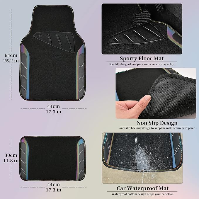 Leather Steering Wheel Cover and Waterproof Car Floor Mats,Microfiber Universal Car Combo Fit for 95% Sedan,SUV,Cars,14.5-15inch Sporty Anti-Slip Safety Comfortable Design(Black＆Reflective)