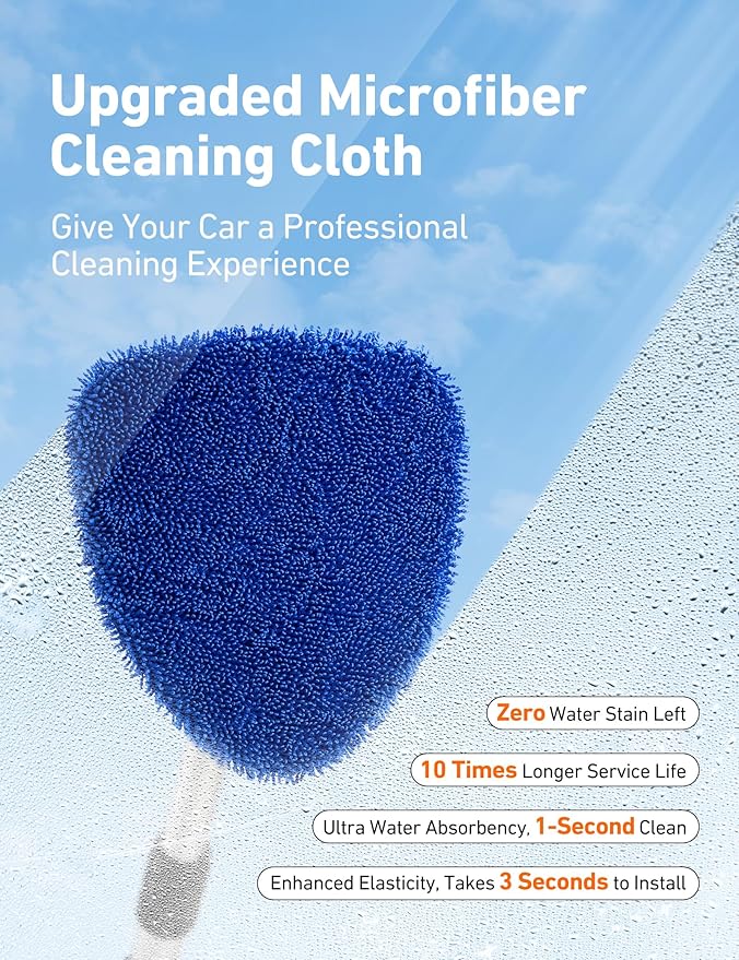 26" Super-Long Windshield Cleaner Tool, Car Interior Window Detailing Cleaning Kit with Extendable Handle and 4 Upgraded Reusable Microfiber Pads, Auto Glass Wiper Brush Kit for Car&Home, Blue