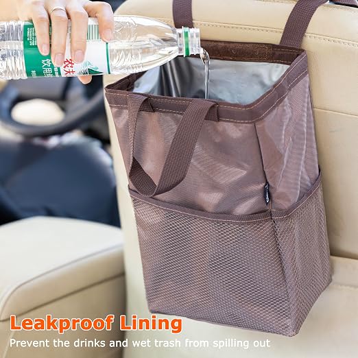 New Leak-Proof Travel Trash Bag, Hanging Car Trash Can with Hook and Loop Lid and Handle, Multipurpose Trash Bin with Storage Pockets for Car SUV Truck RV Camping 2 Gallons (Brown)