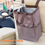 New Leak-Proof Travel Trash Bag, Hanging Car Trash Can with Hook and Loop Lid and Handle, Multipurpose Trash Bin with Storage Pockets for Car SUV Truck RV Camping 2 Gallons (Brown)