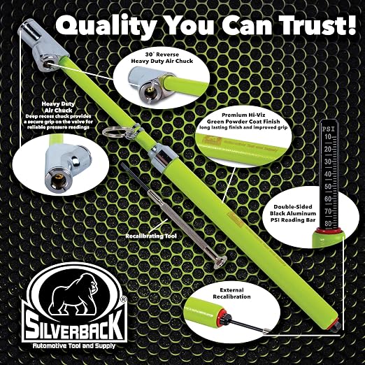 Silverback Hi-Visibility Green Dual Foot Commercial Truck Tire Pressure Gauge, Recalibratable. Heavy Duty Stick Gauge with Black Metal Bar, Range 10-150 PSI in 2 PSI Increments.