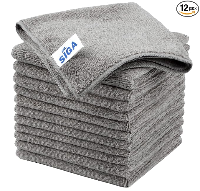 MR.SIGA Microfiber Cleaning Cloth, All-Purpose Microfiber Towels, Streak Free Cleaning Rags, Pack of 12, Grey, Size 32 x 32 cm(12.6 x 12.6 inch)