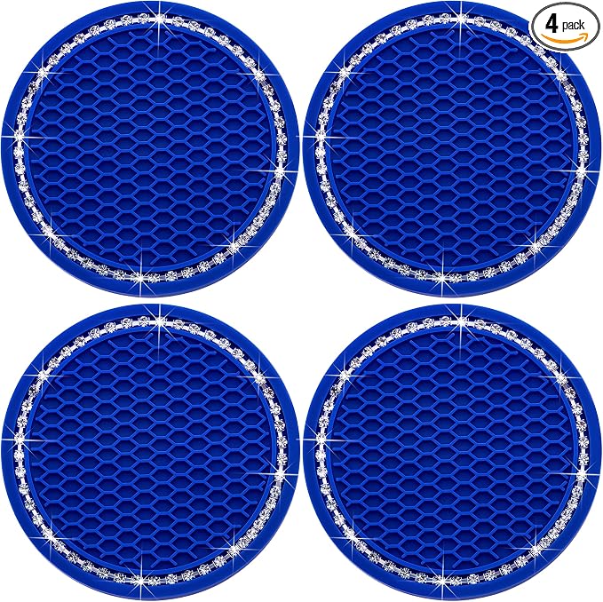 4PCS Bling Cup Holder Coaster, 2.75 Inch Auto Car Cup Holder Insert Coasters, Soft Silicone Anti-Slip Shockproof, Universal Vehicle Interior Accessories for Women Girls (Deep Blue & White)