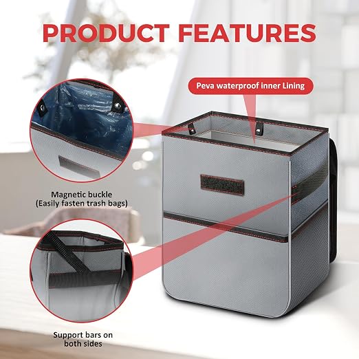 2 Gallon Car Trash Can Lid and Storage Pockets, Leak-Proof Collapsible and Portable Organizer, Multipurpose Garbage Bin with Adjustable Straps, Grey