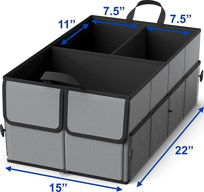 Foldable Car Trunk Organizer for SUV, 3-Compartment, Dark Gray | with Removable Divider, Side Pockets and Securing Straps