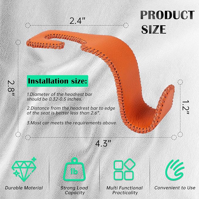 Car Seat Headrest Hook Universal Vehicle Storage Hanger Leather with Metal Car Seat Back Organizer for Handbag Purse Coat Orange 2 Pack