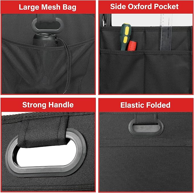 Car Trunk Organizer, 2 Compartments Anti-slip 14" D x 22" W x 12" H Collapsible Trunk Storage, 600D Oxford Polyester Car Storage, Suitable for SUV, Minivan, Truck, Black