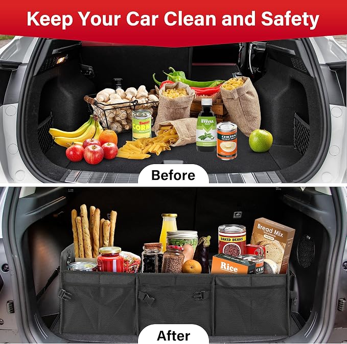 Car Trunk Organizer, Multi Compartments Collapsible Trunk Storage, Anti-slip, Waterproof 600D Oxford Polyester, with Adjustable Straps for SUV, Minivan, Truck, Large Size, Black
