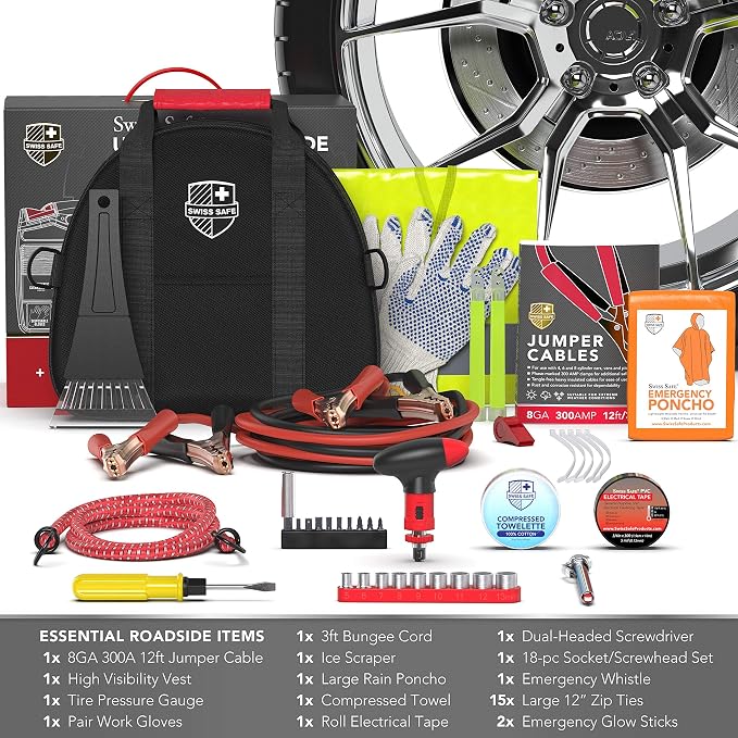 2-in-1 Car Emergency Kit | 12-FT Heavy-Duty Jumper Cables & 378-Piece Comprehensive Car First Aid Kit | Compact Roadside Auto Essentials for Vehicle Safety