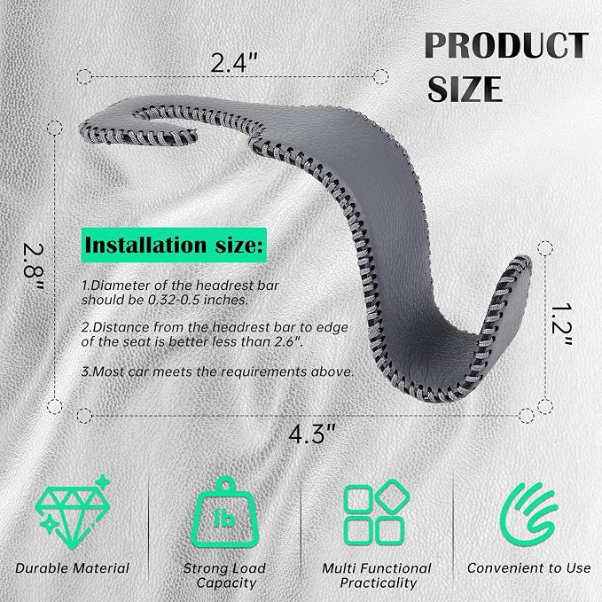 Car Seat Headrest Hook Universal Vehicle Storage Hanger Leather with Metal Car Seat Back Organizer for Handbag Purse Coat Grey 2 Pack