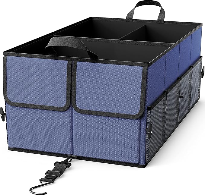 Foldable Car Trunk Organizer for SUV, 3-Compartment, Blue | with Removable Divider, Side Pockets and Securing Straps