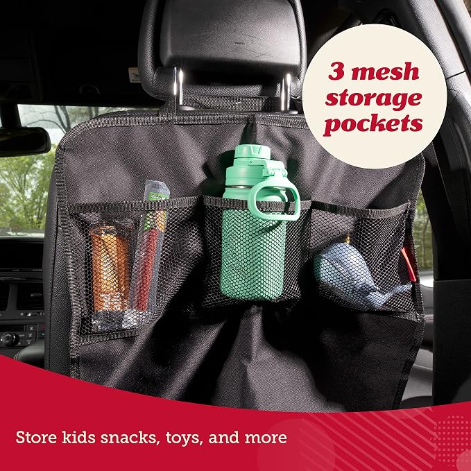 Heavy Duty Kick Mats (2 Pk) - Back Seat Protector, Sag Proof, Waterproof, Car Back Seat Cover for Kids Who Make Big Messes, 3 Reinforced Storage Pockets, Premium Oxford Fabric (Red)