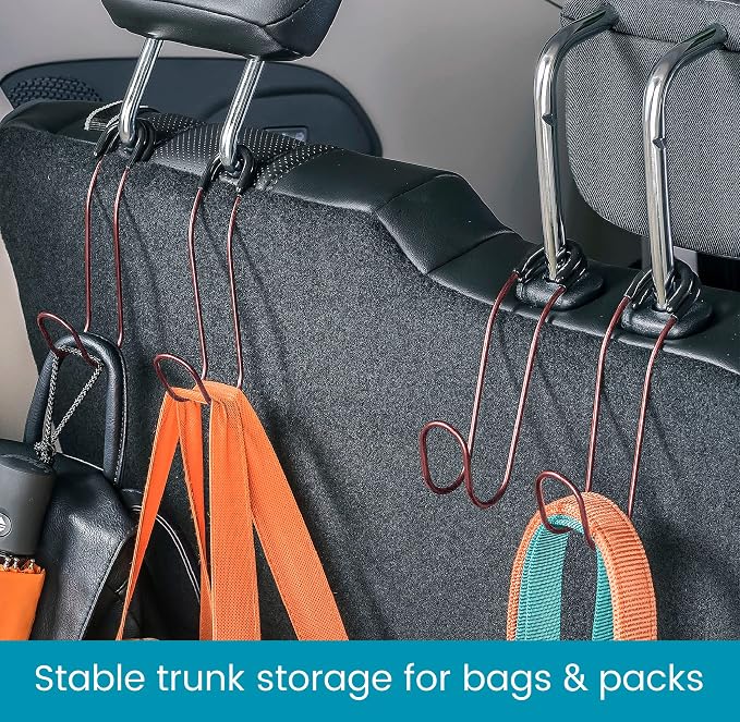 Unbreakable Car Bag Hooks - Large Car Seat Hooks for Purse, Backpack, Coats, Hats and Heavy Bags up to 40 lbs - Secure Attachment Fits All Headrest Posts, 4-Pack