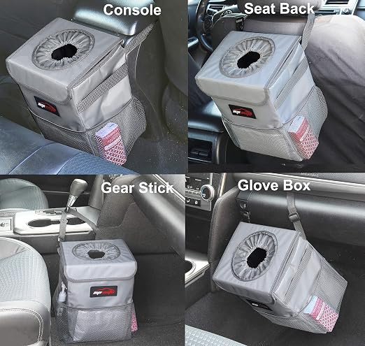 Waterproof Car Trash Can with Lid and Pockets, 2.5 Gal, Gray | Leakproof, Collapsible Multipurpose Car Bin with 3 Side Storage Pockets, Adjustable Straps
