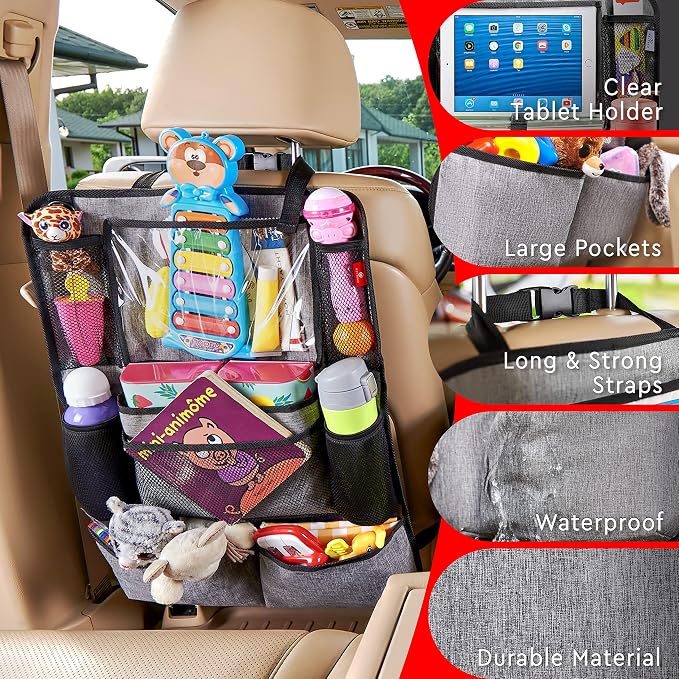 Backseat Car Organizer, Kick Mats Back Seat Protector with Touch Screen Tablet Holder, Organizer for Kids, Travel Accessories, Mat 9 Storage Pockets 2 Pack