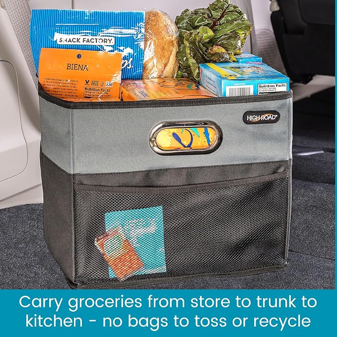 CargoCube Car Storage Bin - Leakproof Car Trunk Storage Organizer with Metal Handles and Front Mesh Pocket (Square)
