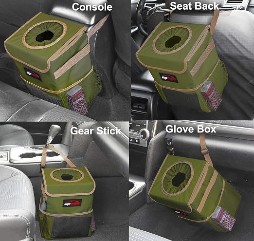 Waterproof Car Trash Can with Lid and Pockets, 2.5 Gal, Green | Leakproof, Collapsible Multipurpose Car Bin with 3 Side Storage Pockets, Adjustable Straps