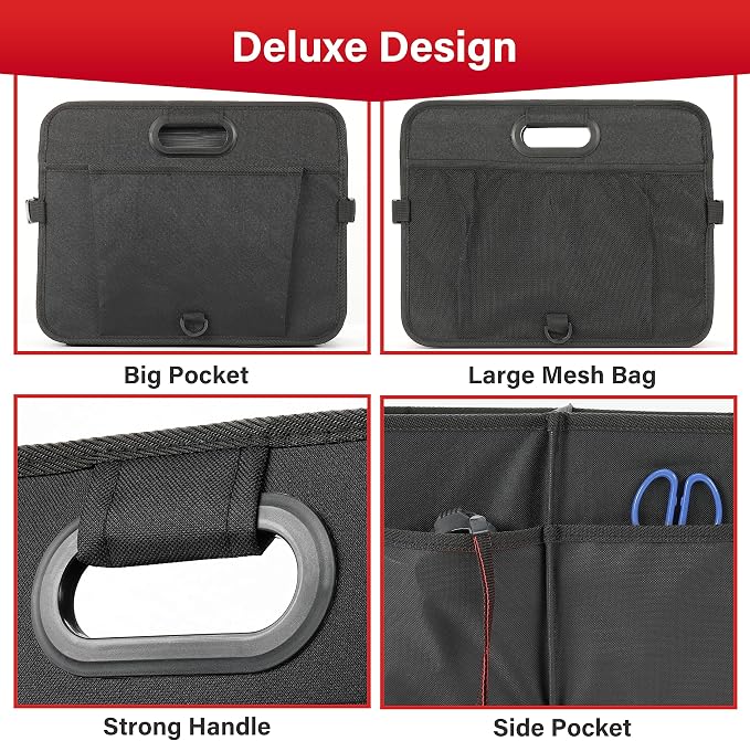 Car Trunk Organizer, Multi Compartments Collapsible Trunk Storage, Anti-slip, Waterproof 600D Oxford Polyester, with Adjustable Straps for SUV, Minivan, Truck, Large Size, Black