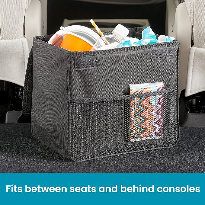 TrashStand Weighted Car Trash Can with Lid and Removable Leakproof Liner - Universal Fit Behind Center Console in Back Seat - Holds 2 Gallons of Car Garbage | Behind Console Car Garbage Can With Bottom Weight and Floor Grips - Waterproof Inse...