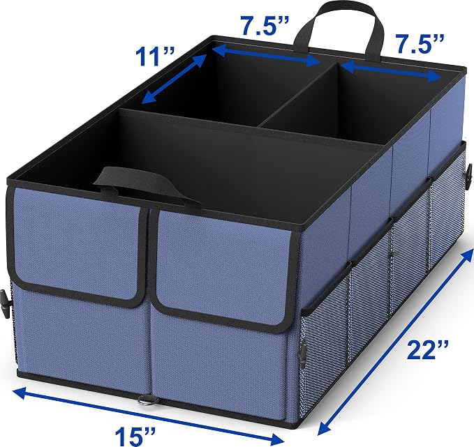 Foldable Car Trunk Organizer for SUV, 3-Compartment, Blue | with Removable Divider, Side Pockets and Securing Straps