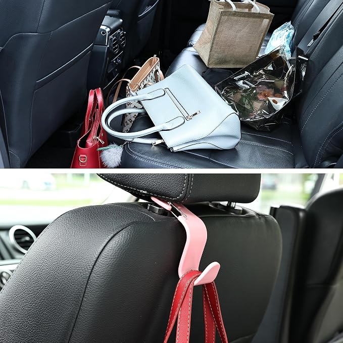 4-Pack 360° Rotating Universal Car Headrest Hooks, Car Organizer Hanger Storage Hooks for Bag Purse Cloth Grocery Universal Fit with Clip Pink