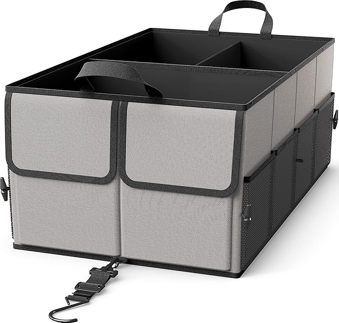 Foldable Car Trunk Organizer for SUV, 3-Compartment, Gray | with Removable Divider, Side Pockets and Securing Straps