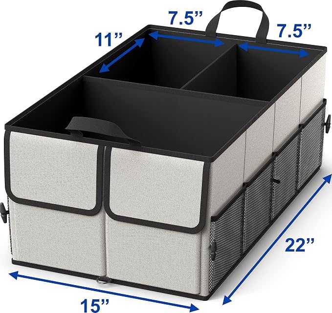 Foldable Car Trunk Organizer for SUV, 3-Compartment, Gray | with Removable Divider, Side Pockets and Securing Straps