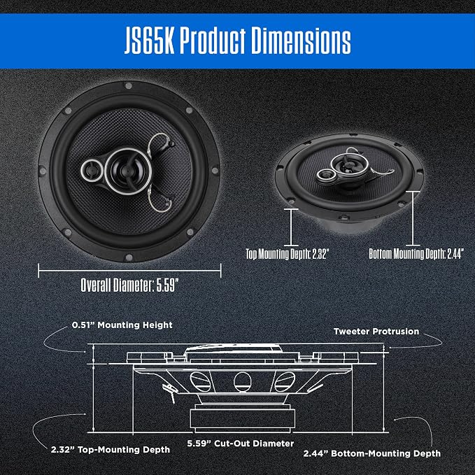 APEX JS65K 6.5" 3-Way Aramid Fiber Car Speakers Pair 250W Peak | 15mm PEI dome tweeters, premium aramid fiber cones, 60W RMS power, punchy bass & clear vocals, fits standard 6.5-inch cutouts