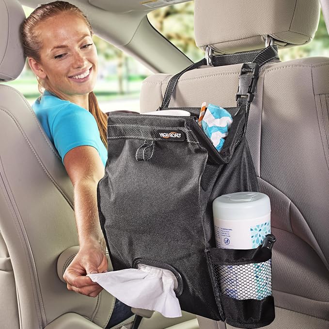 Car Organizer with Car Trash Bag and Tissue Holder - Holds Full Size Tissue Box, Bottles and Wipe Containers - 2 Gal Leakproof Covered Car Trash Can with Push-Close Lid