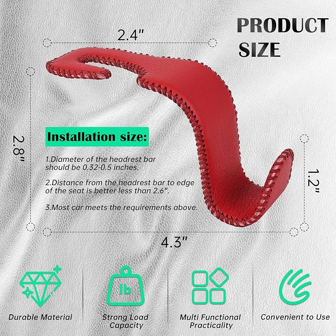 Car Seat Headrest Hook Universal Vehicle Storage Hanger Leather with Metal Car Seat Back Organizer for Handbag Purse Coat Wine 2 Pack