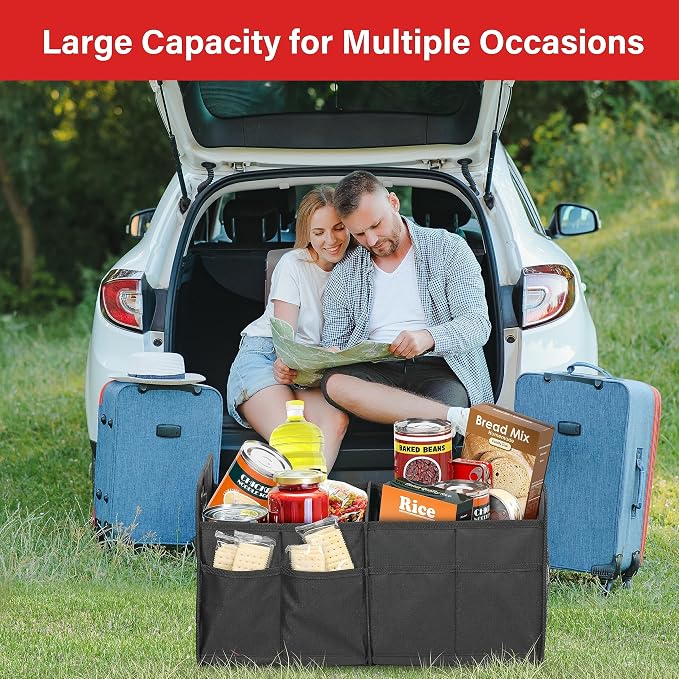 2 Compartments Trunk Organizer for Car/SUV, Collapsible 600D Waterproof Oxford Polyester 50L Storage Box, Anti-slip & Leak-proof, Multipurpose Travel Accessories, Black