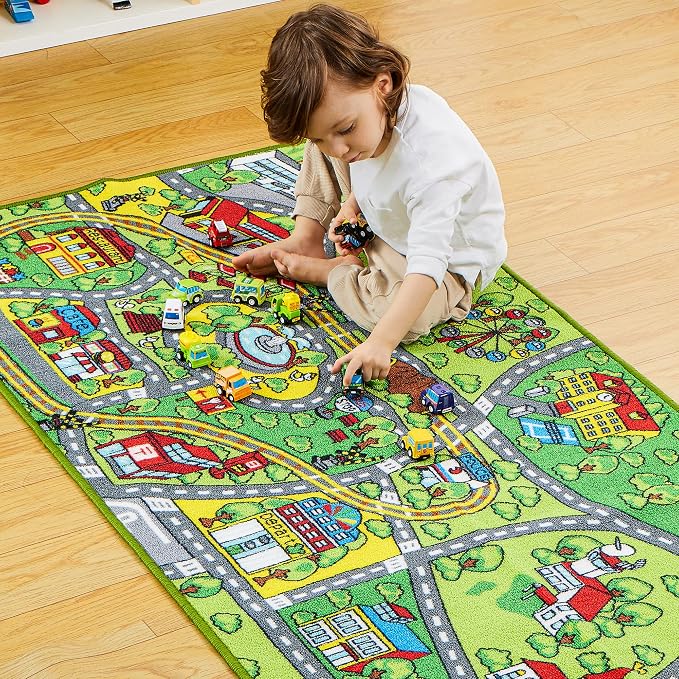 Carpet Playmat w/ 12 Cars Pull-Back Vehicle Set for Kids Age 3+, Jumbo Play Room Rug, City Pretending Play