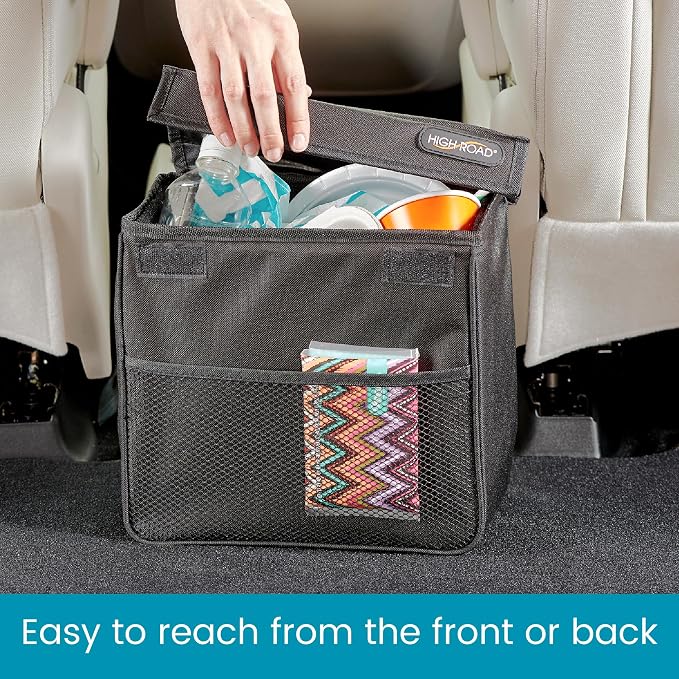 TrashStand Weighted Car Trash Can with Lid and Removable Leakproof Liner - Universal Fit Behind Center Console in Back Seat - Holds 2 Gallons of Car Garbage | Behind Console Car Garbage Can With Bottom Weight and Floor Grips - Waterproof Inse...